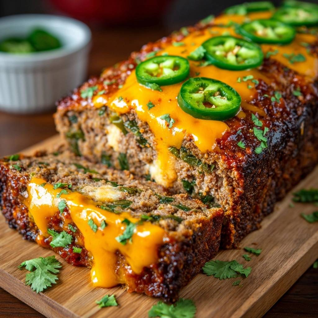 Jalapeno Popper Stuffed Meatloaf glazed with cheese and sliced, showcasing its hearty interior and toppings.