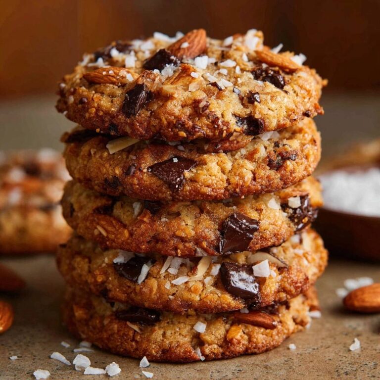 Loaded almond chocolate chunk cookies stacked high, showcasing a close-up view of textured toppings and dark chocolate chunks.