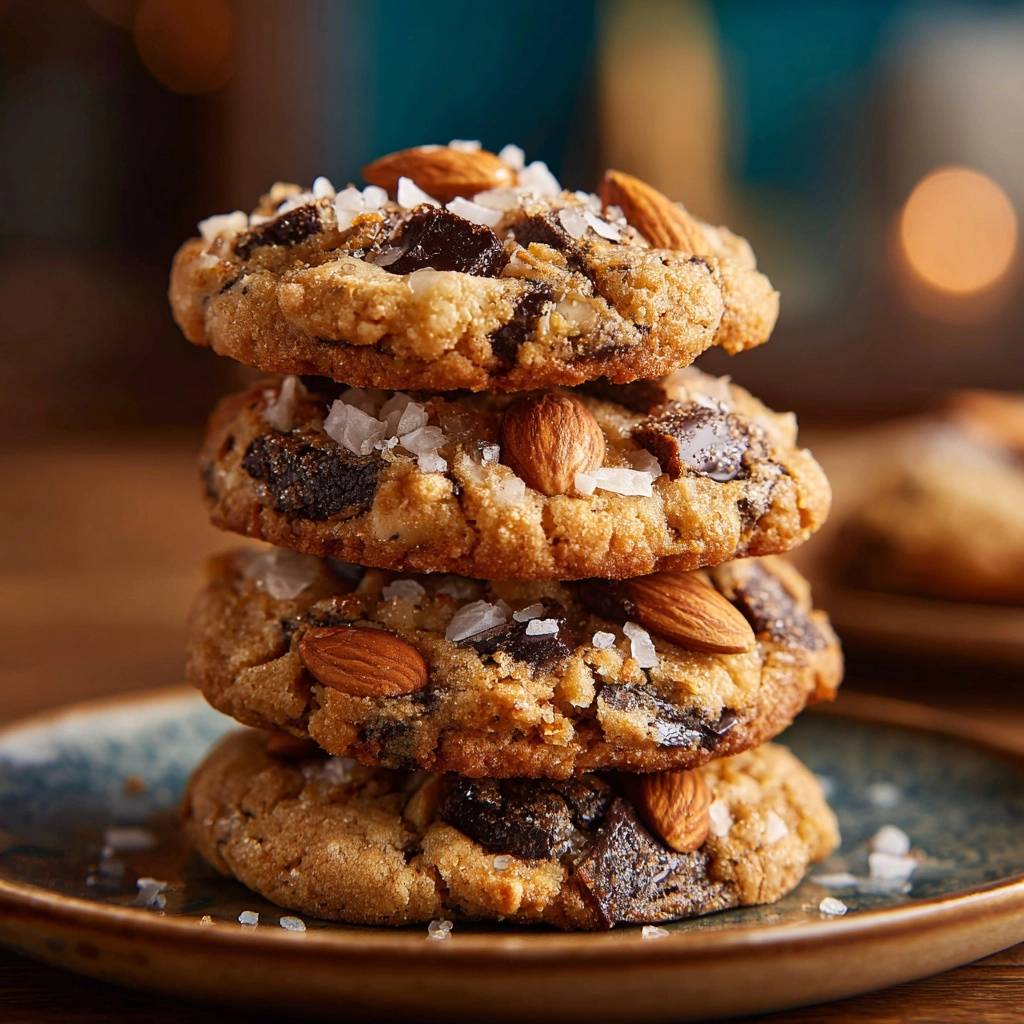 Loaded almond chocolate chunk cookies stacked high on a rustic plate, showcasing their texture and toppings.