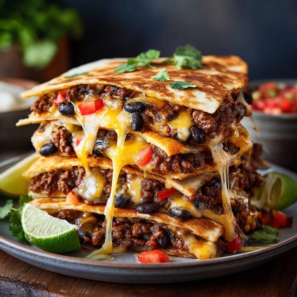Loaded beef and black bean quesadillas shown in a stacked cross-section with gooey melted cheese dripping down.