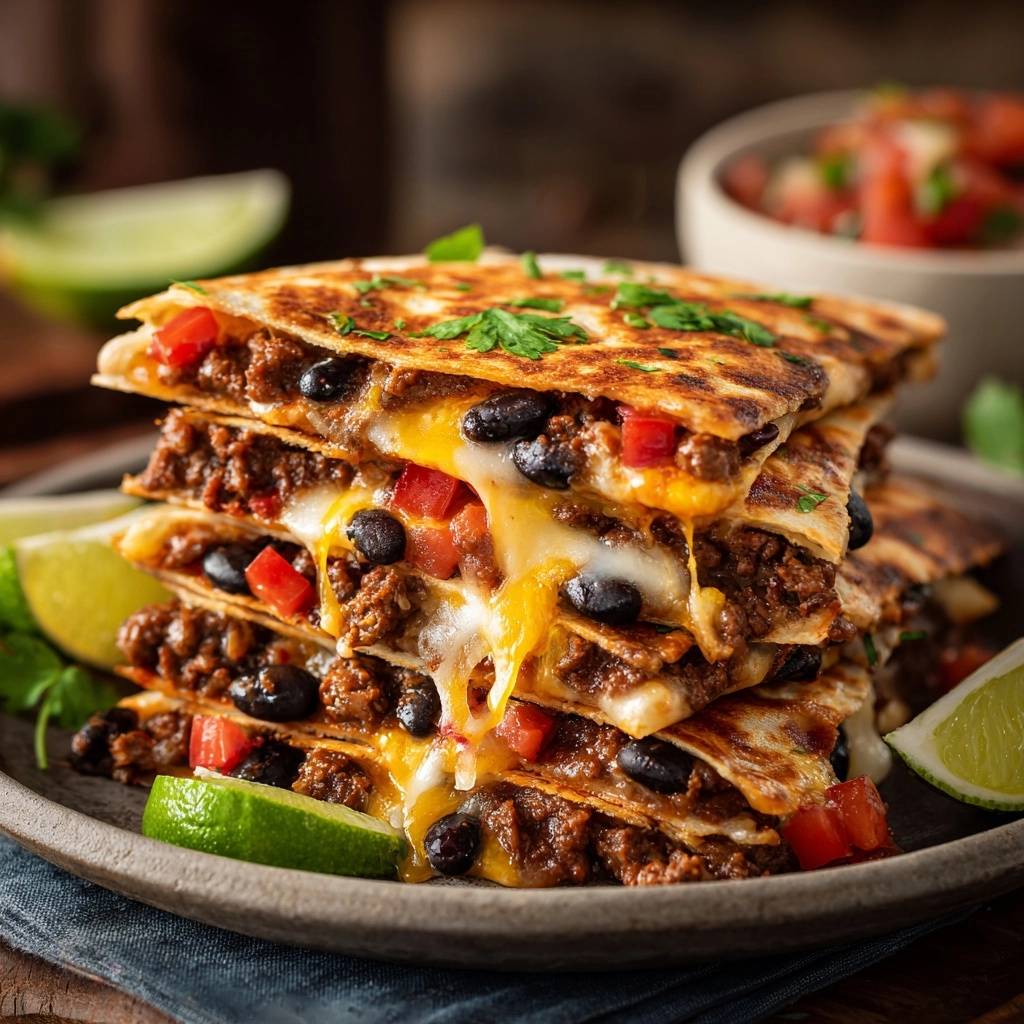 Loaded beef and black bean quesadillas stacked high, showing a gooey melted cheese cross-section and fresh lime garnish.