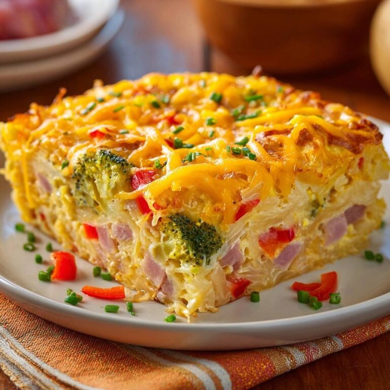 Loaded broccoli and ham breakfast bake shown as a close-up cross-section revealing layers of eggs, cheese, ham, and broccoli.