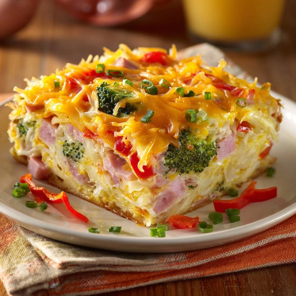 Loaded broccoli and ham breakfast bake cross-section slice showing layers of ham, broccoli, cheese, and eggs.
