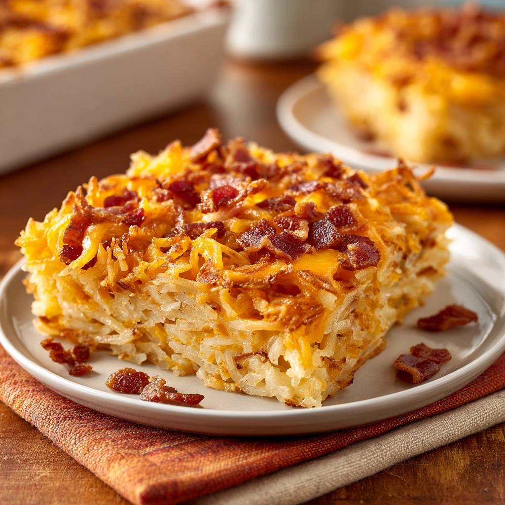 The ultimate loaded cheesy hashbrown casserole, a plated slice revealing its layered texture and bacon topping.