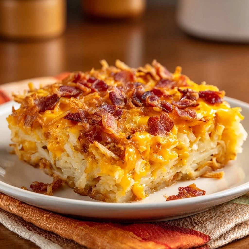 The Ultimate Loaded Cheesy Hashbrown Casserole, a plated slice showing its layered interior and bacon topping.