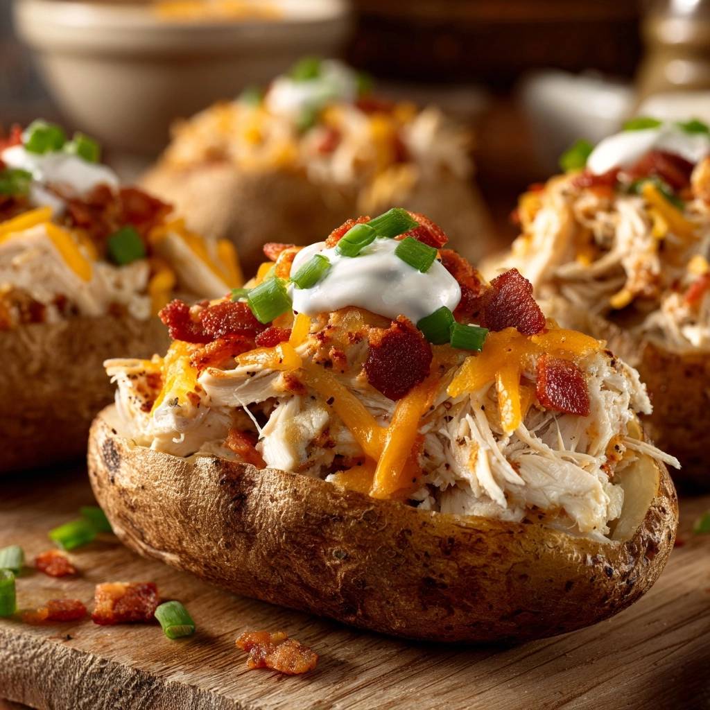Loaded chicken club baked potatoes with a close-up view of the shredded chicken, cheese, bacon, and sour cream topping.