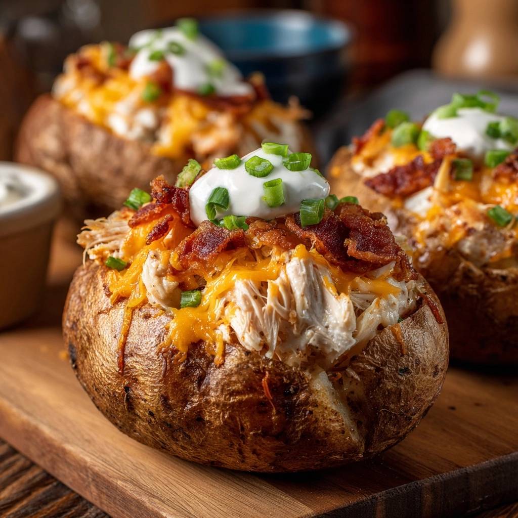 Loaded chicken club baked potatoes with a focus on the cheesy, bacon, and sour cream topping.