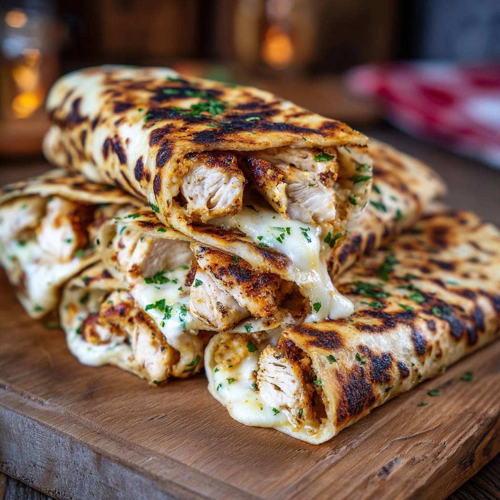 Loaded chicken wraps with a cheese pull, showcasing the tender chicken and melted cheese filling.