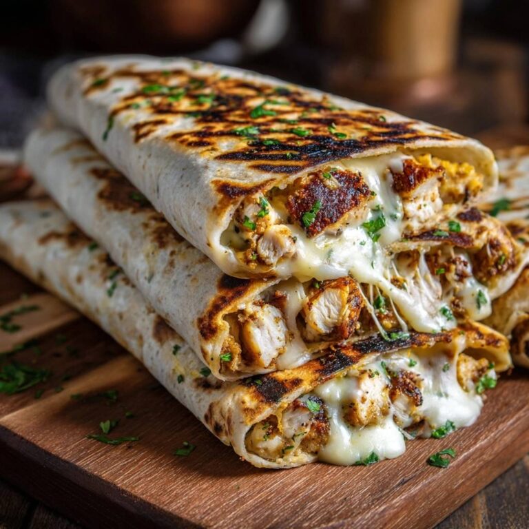Loaded chicken wraps shown in a cheesy cross-section, revealing a generous filling of seasoned chicken and melted cheese.