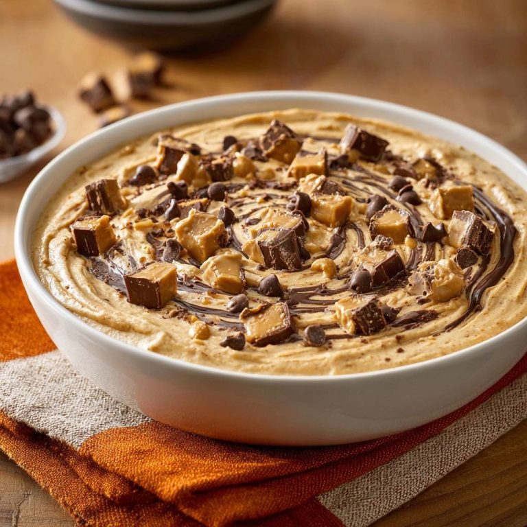 Loaded Peanut Butter Toffee Dip topped with chopped peanut butter cups and chocolate chips in a white bowl.