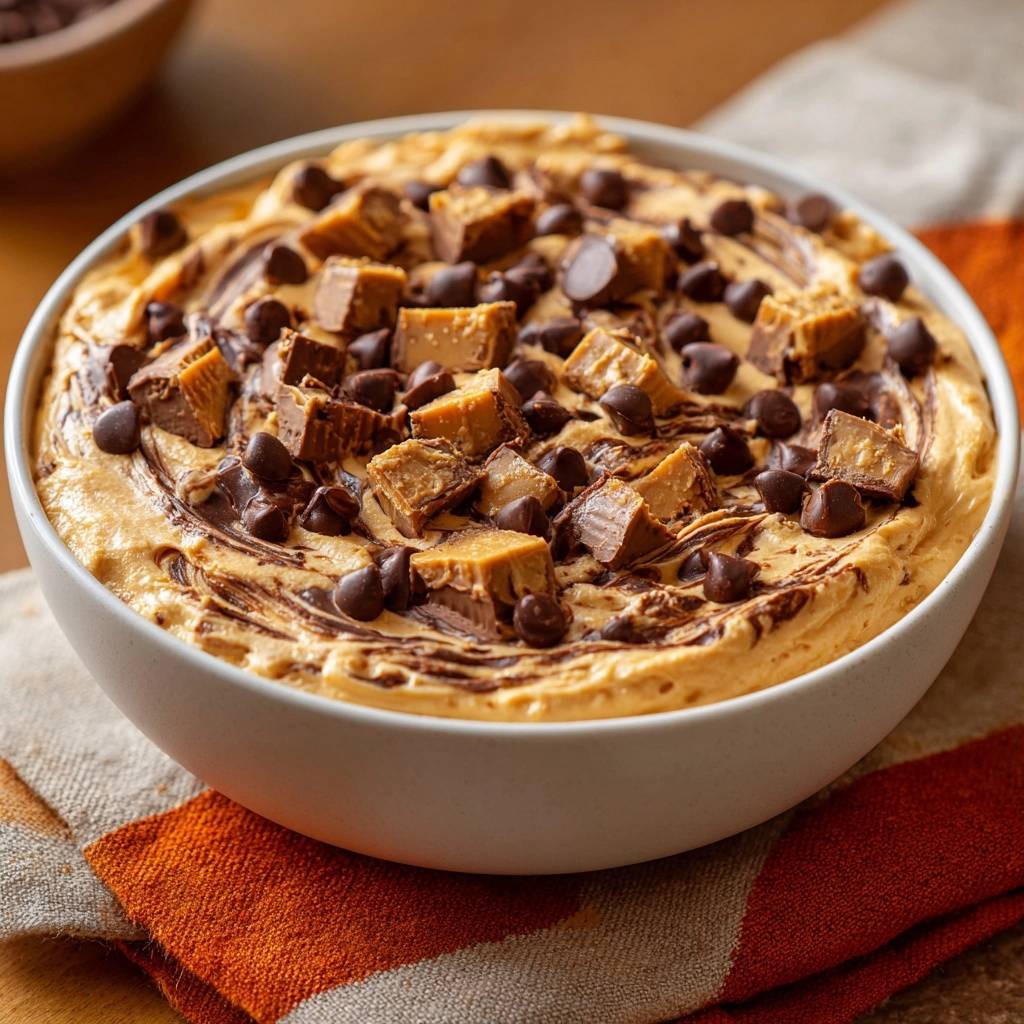 Loaded Peanut Butter Toffee Dip topped with chopped peanut butter cups and chocolate chips.