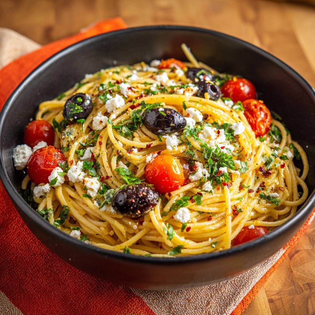 Mediterranean Garlic Butter Spaghetti served in a black bowl, showcasing olives, feta, and cherry tomatoes.