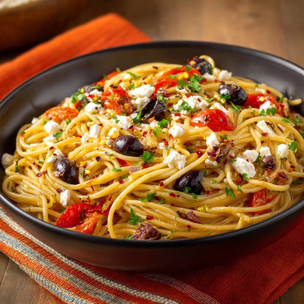 Mediterranean garlic butter spaghetti with feta cheese, black olives, and parsley in a black bowl.