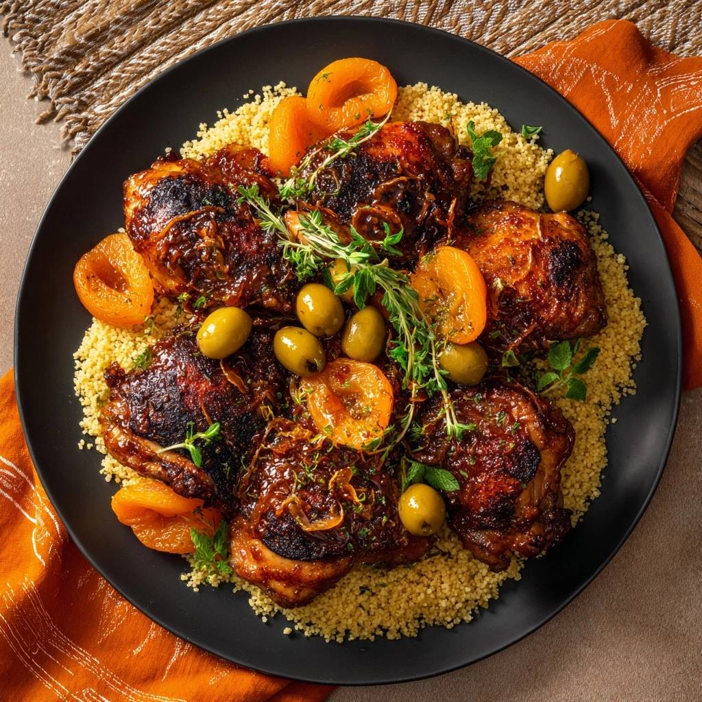 Moroccan glazed chicken thighs with shatter-crisp skin served over couscous on a black plate with apricots and olives.