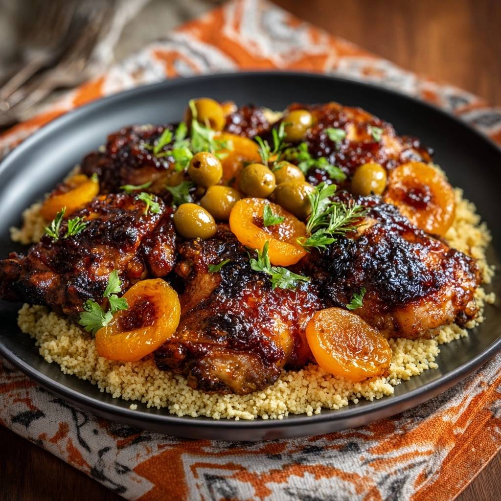 Moroccan glazed chicken thighs with shatter-crisp skin served over couscous with olives and apricots.