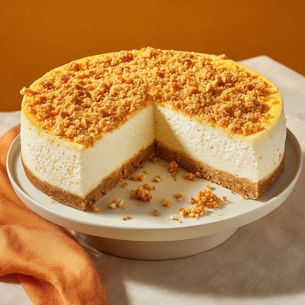 Creamy New York cheesecake with a crumb topping, showing a revealing cross-section of its rich interior and graham cracker crust.