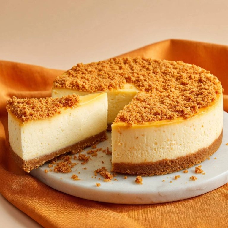 New York cheesecake with a rich crumb topping, featuring a slice cut and removed to show the creamy interior and graham cracker crust.