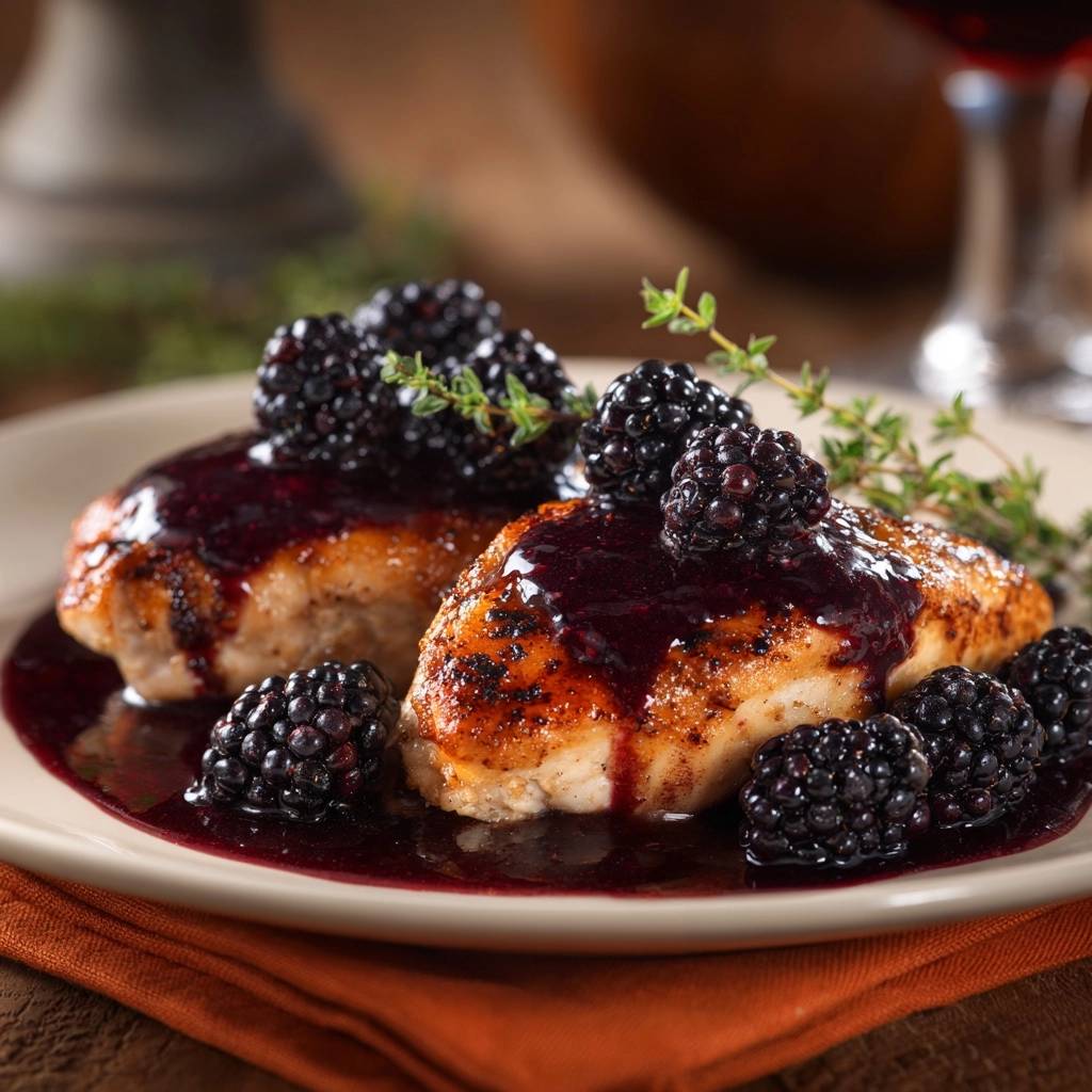 Pan-seared blackberry balsamic chicken plated with fresh blackberries and a drizzle of sauce.