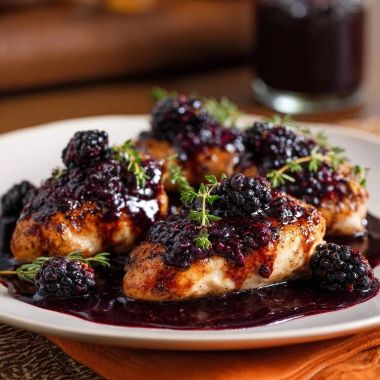 Pan-seared blackberry balsamic chicken plated with fresh blackberries and thyme sprigs, showcasing a rich berry glaze.