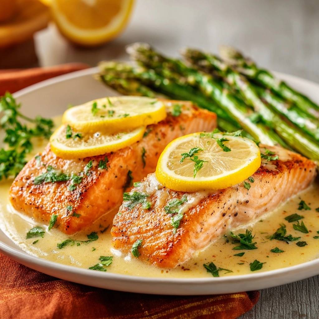 Pan-seared lemon butter salmon plated with asparagus and garnished with lemon slices and parsley.