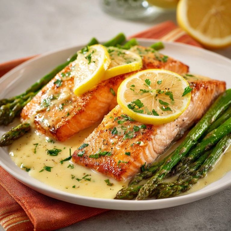 Pan-seared lemon butter salmon plated with asparagus and garnished with lemon slices and parsley.
