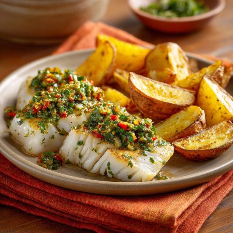 Pan-seared white fish with chimichurri and roasted wedges plated with a side of roasted potato wedges.