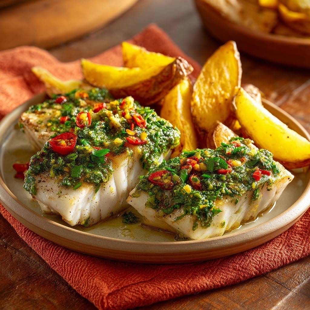 Pan-seared white fish with chimichurri and roasted wedges, showcasing a close-up detail of the herb topping and cherry tomatoes.
