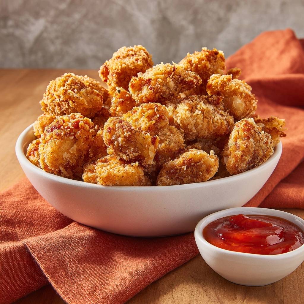 Panko popcorn chicken overflowing from a white bowl, served with a small dish of ketchup on the side.