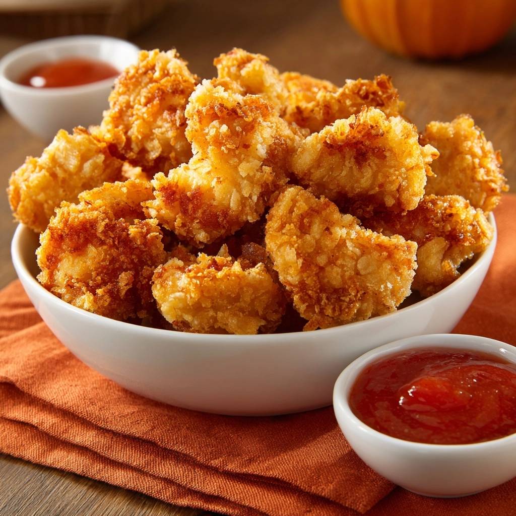 Panko popcorn chicken served in a white bowl with a side of ketchup dipping sauce on an orange napkin.