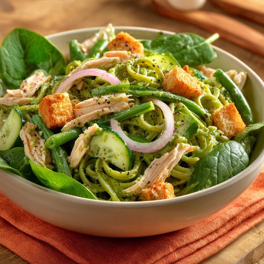Pesto chicken zucchini noodles served in a bowl, showcasing a close-up view of shredded chicken, green beans, and red onion.