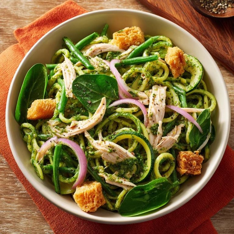 Pesto chicken zucchini noodles served in a bowl with green beans, red onion, and croutons, presented in an overhead view.