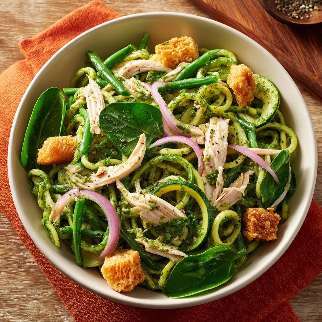 Pesto chicken zucchini noodles served in a bowl with green beans, red onion, and croutons, presented in an overhead view.