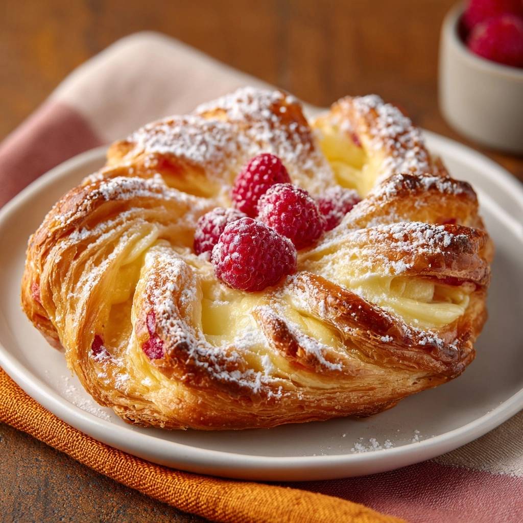 Raspberry custard Danish plated and dusted with powdered sugar, showcasing fresh raspberries on top.
