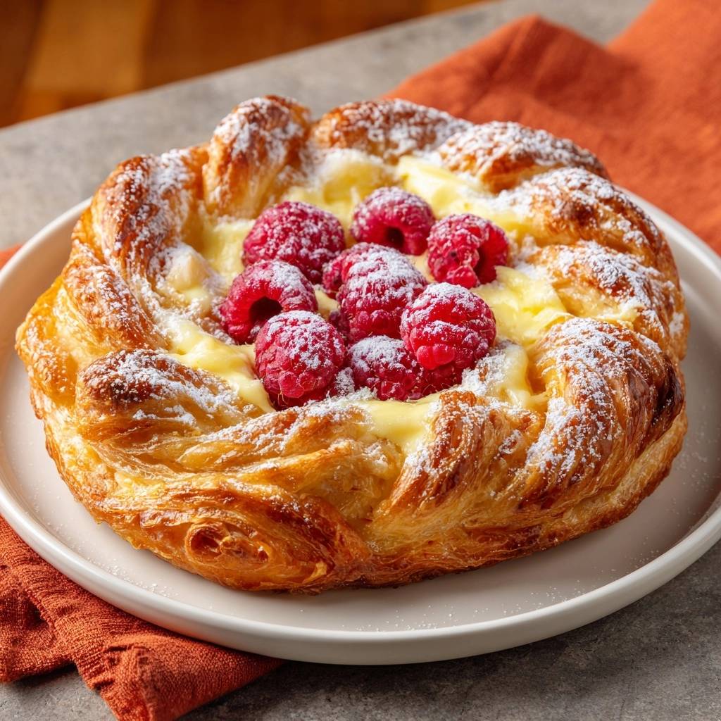 Raspberry custard danish with a flaky pastry, fresh berries, and a dusting of powdered sugar.