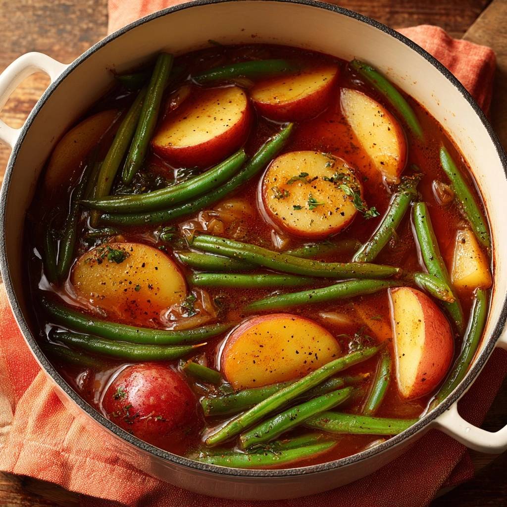 Slow-simmered red potatoes and green beans in a Dutch oven, viewed from directly above.