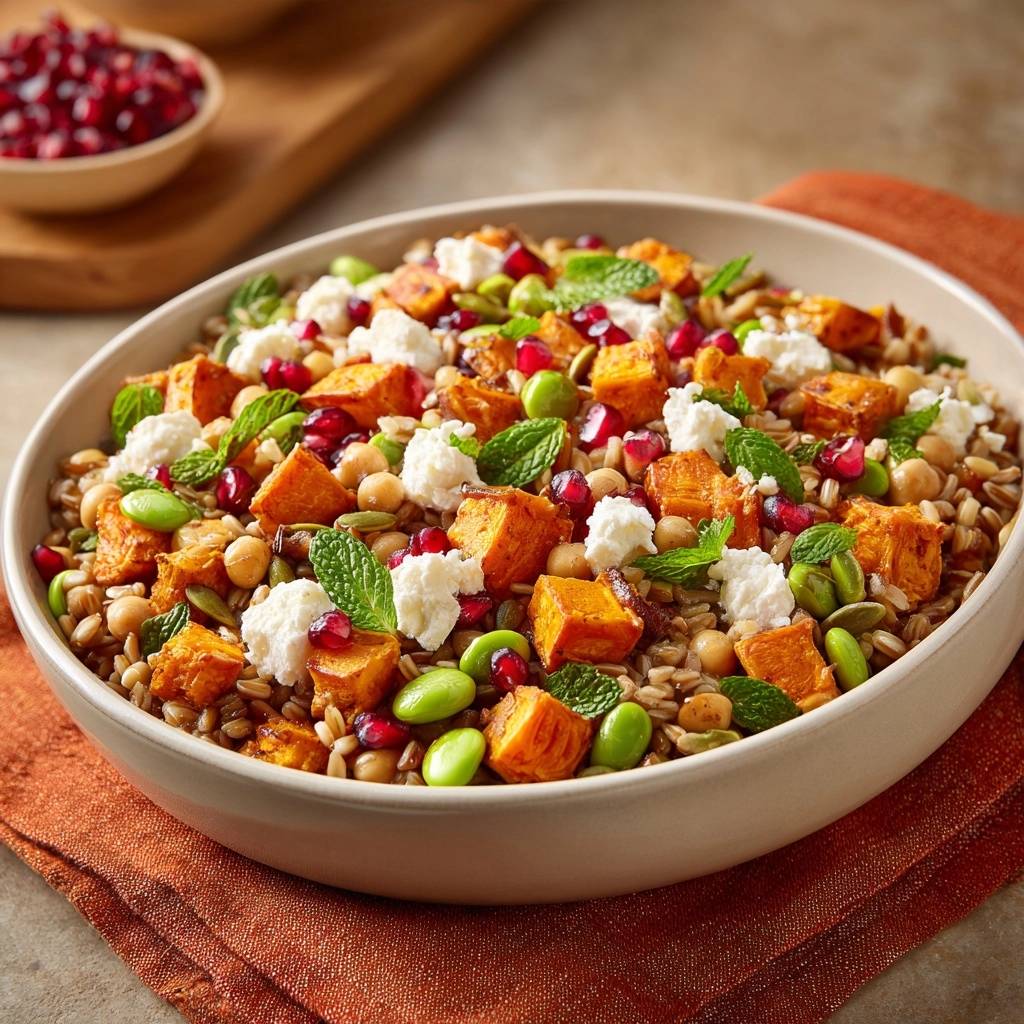 Roasted butternut squash and farro salad served in a bowl, featuring a close-up view of the colorful ingredients and fresh mint garnish.