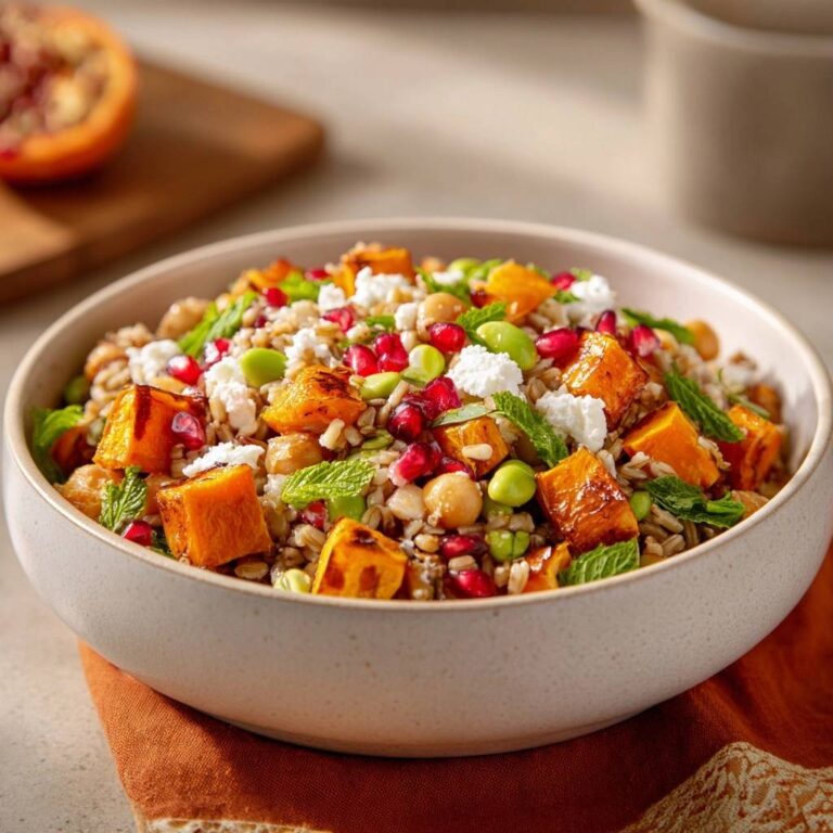 Roasted butternut squash and farro salad in a bowl, showcasing cubed squash, pomegranate seeds, and crumbled feta cheese.