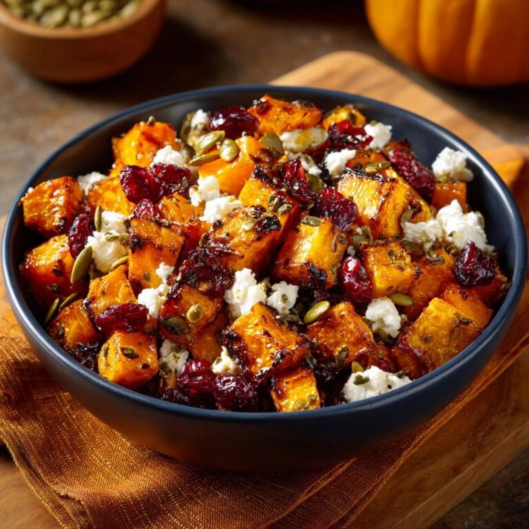 Roasted butternut squash with feta and cranberries, a detailed close-up of the colorful bowl topping.