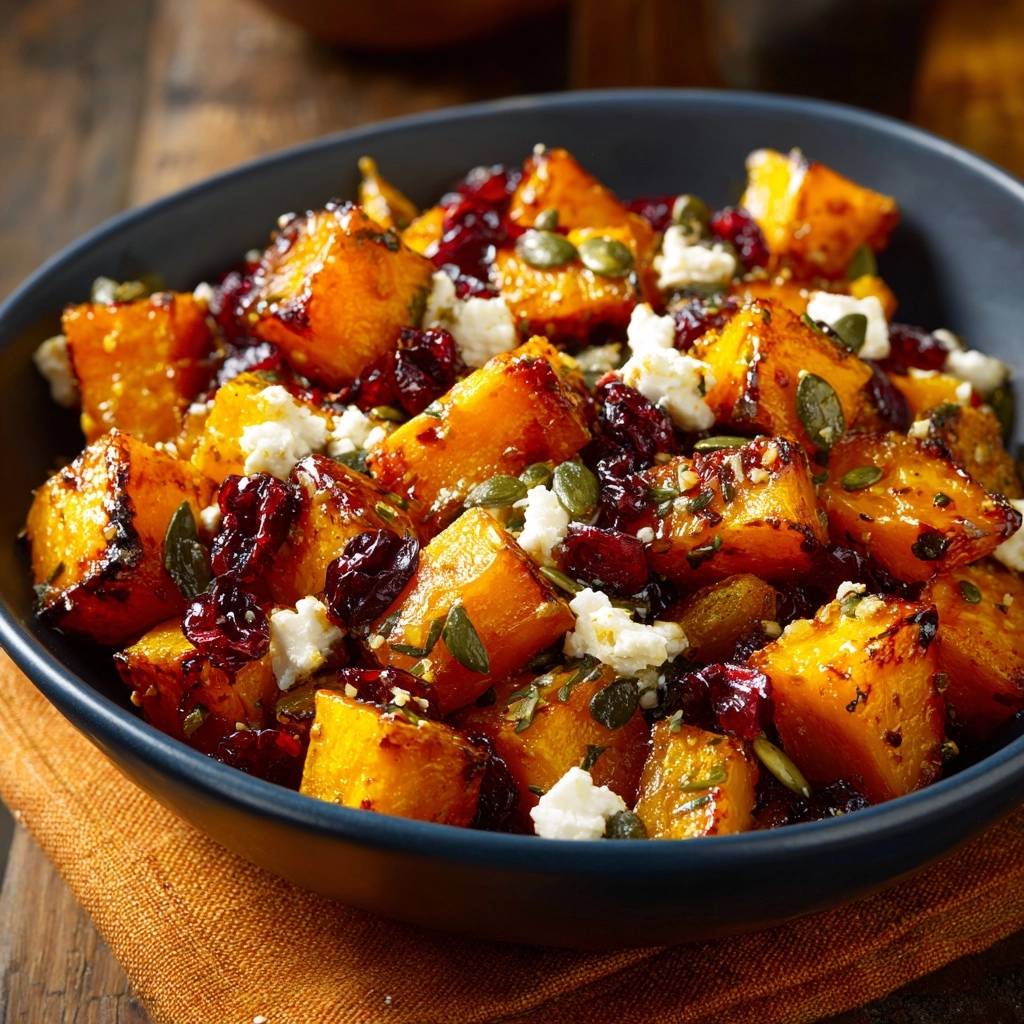 Roasted butternut squash with feta and cranberries, a close-up view of the colorful dish in a dark bowl.