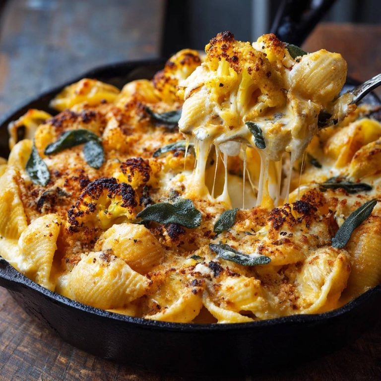 Roasted cauliflower shells and cheese with a gooey, cheesy pull captured on a fork.