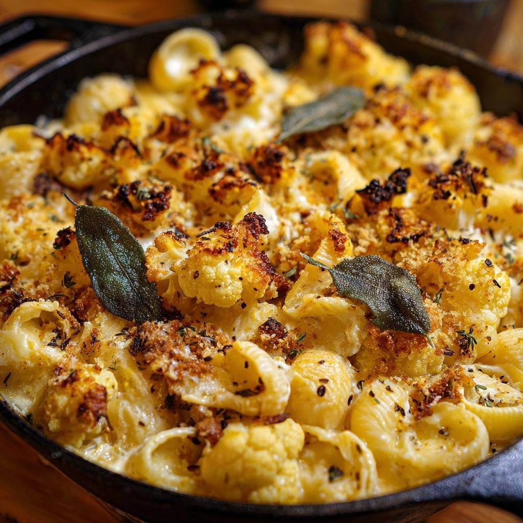 Roasted cauliflower shells and cheese baked to golden perfection in a cast iron skillet, with a close-up view of the topping.
