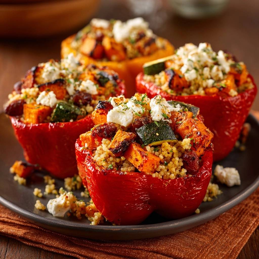 Roasted vegetable stuffed peppers, a close-up view showing the filling with quinoa, sweet potatoes, zucchini, and crumbled feta cheese.