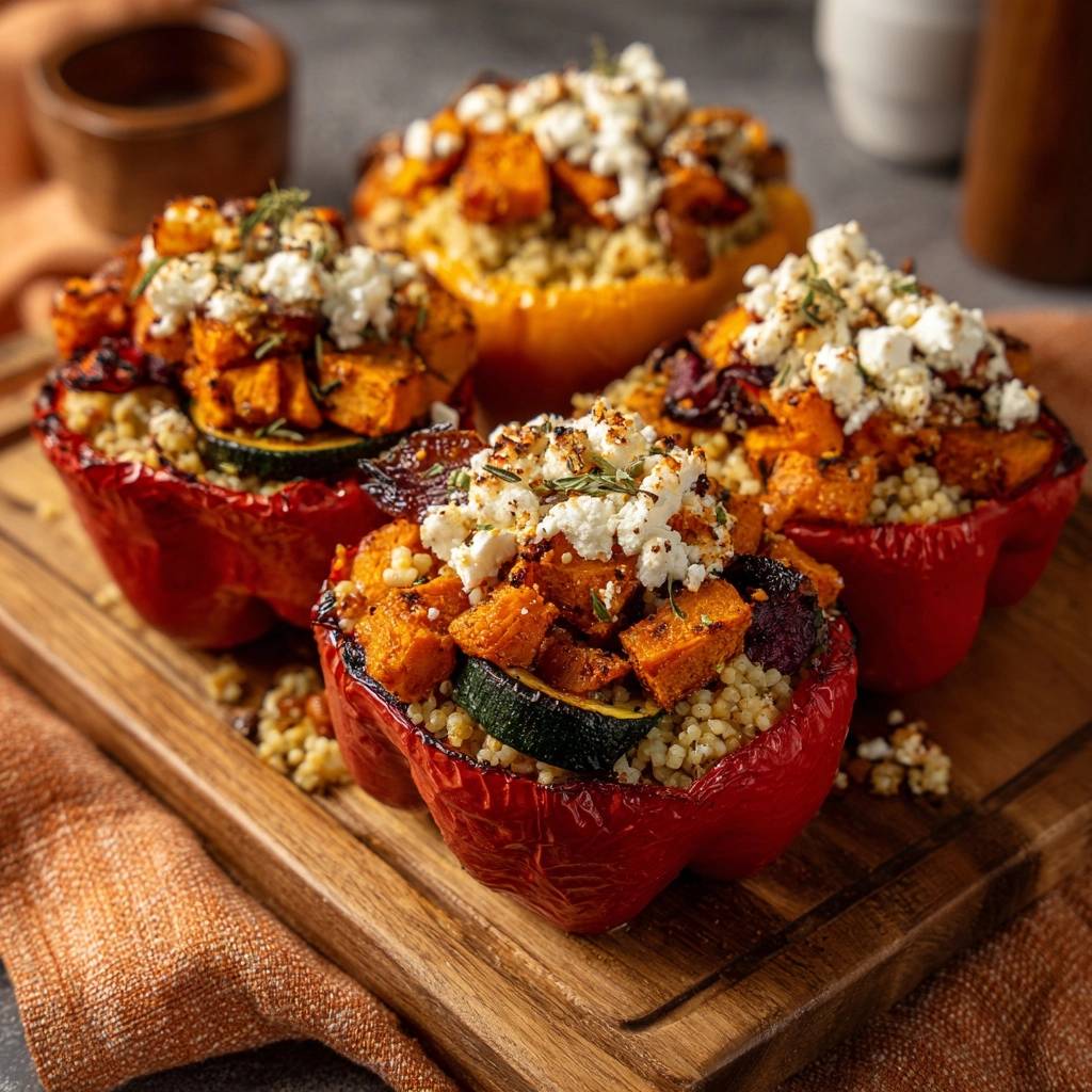 Roasted vegetable stuffed peppers with couscous and feta cheese, presented on a wooden board with a close-up view of the toppings.