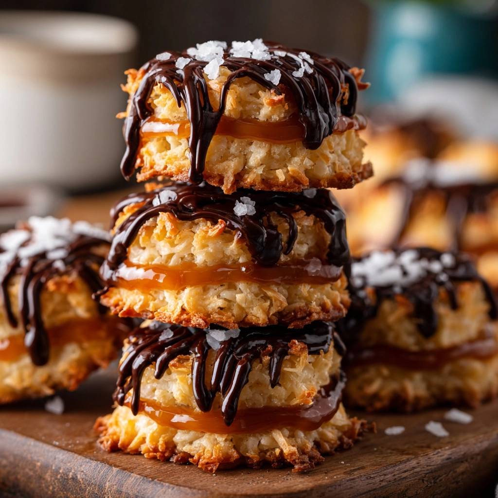 Salted caramel coconut macaroon sandwiches stacked high, drizzled with chocolate and sprinkled with sea salt.