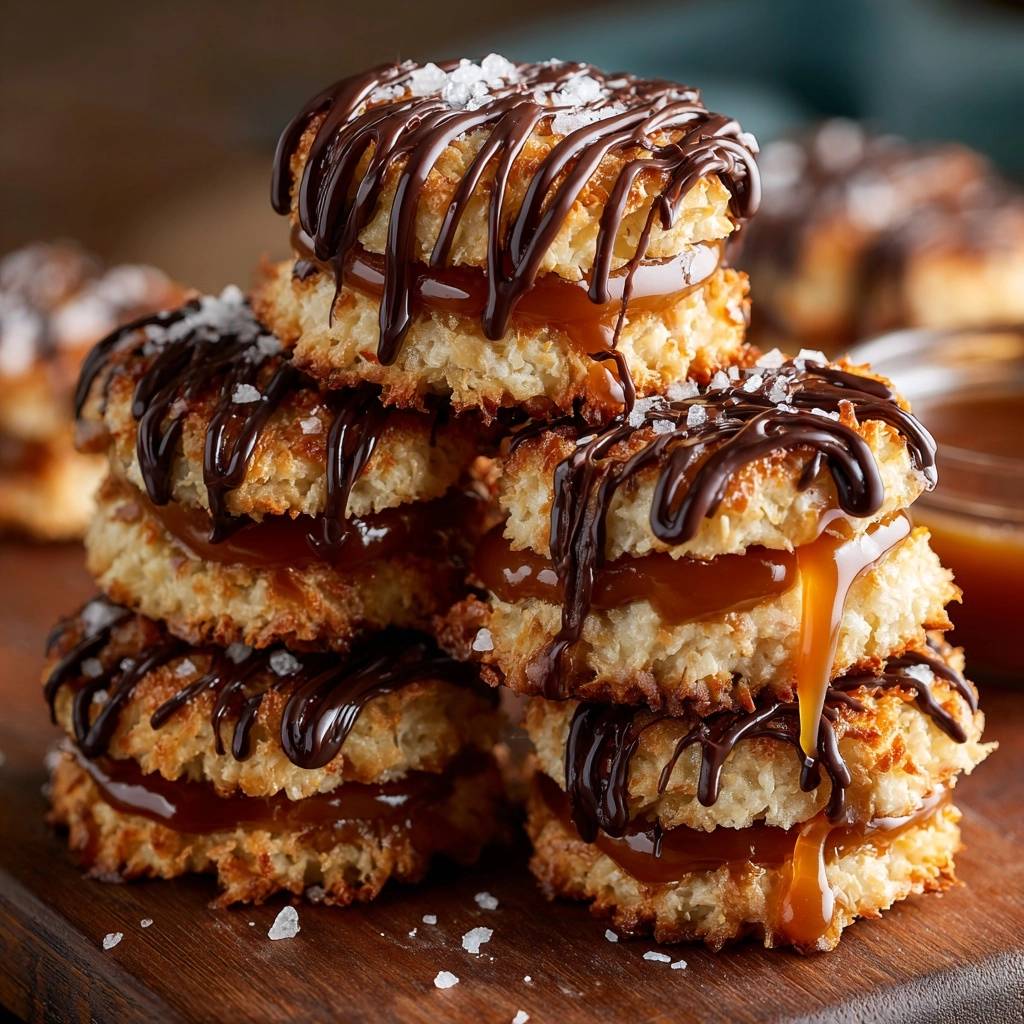 Salted caramel coconut macaroon sandwiches stacked high, drizzled with chocolate and topped with sea salt.