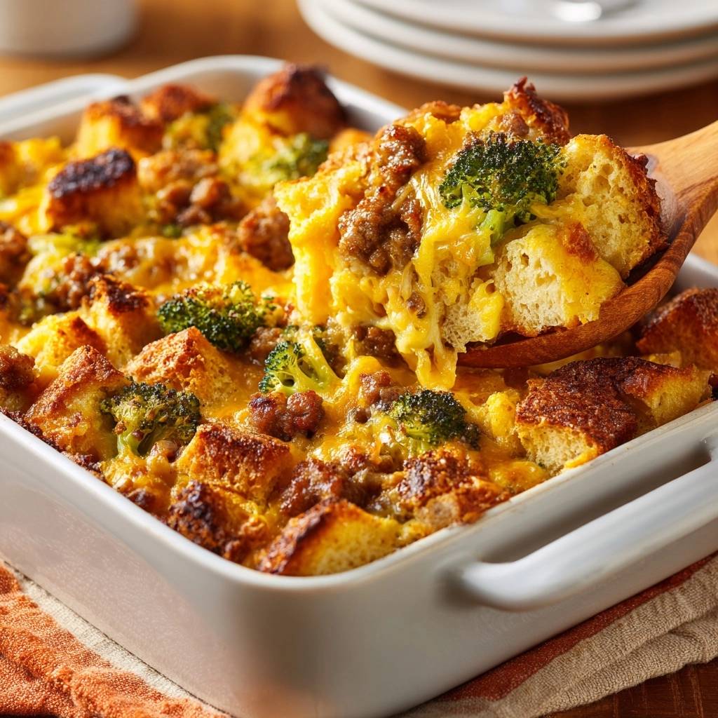Sausage and broccoli breakfast strata being scooped from a white baking dish, showing its cheesy, eggy interior.