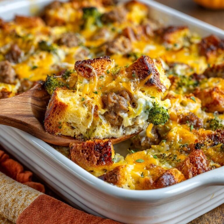 Sausage and broccoli breakfast strata featuring a serving being lifted with a wooden spoon, showcasing the cheesy, eggy interior.