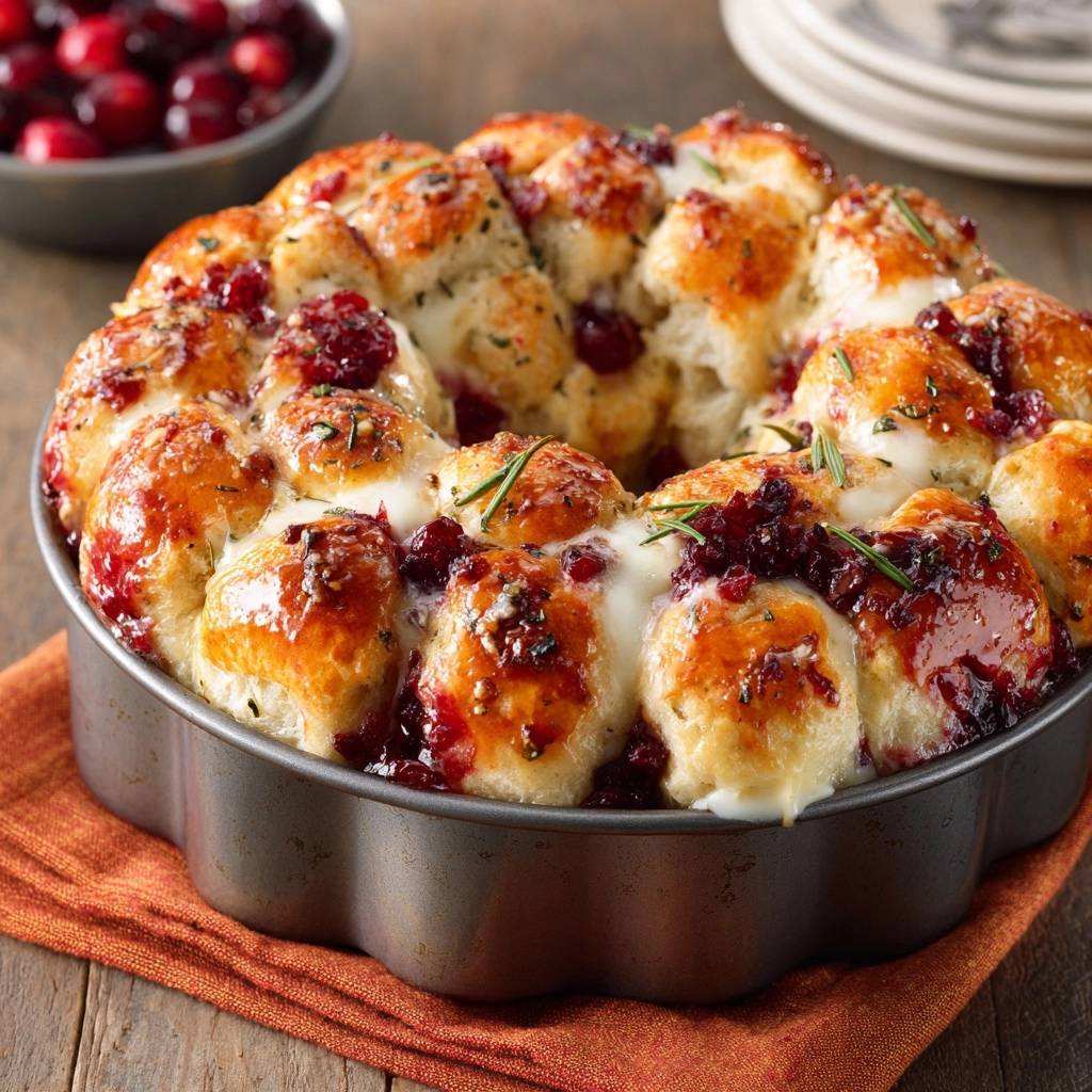 Savory cranberry brie monkey bread baked in a round fluted pan, glistening with glaze and garnished with rosemary.