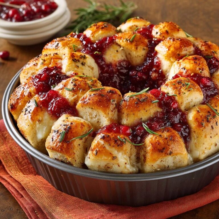 Savory cranberry brie monkey bread in a round pan, with pull-apart cheesy dough and a vibrant cranberry topping.