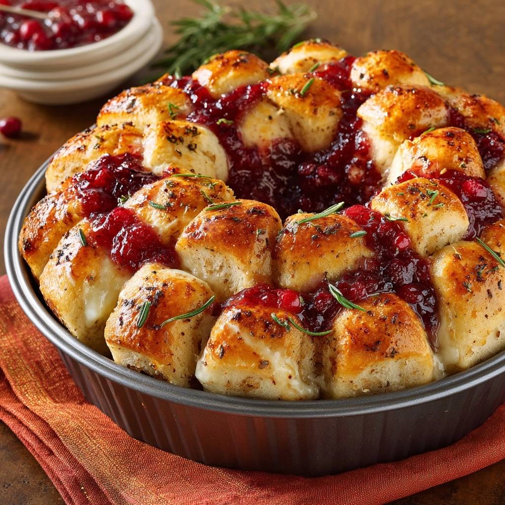 Savory cranberry brie monkey bread in a round pan, with pull-apart cheesy dough and a vibrant cranberry topping.